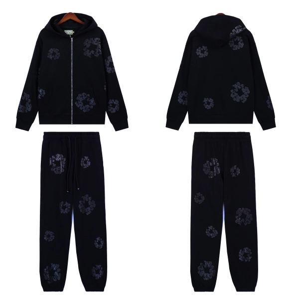 Denim Tears Cashmere Swarovski Cotton Wreath Zip Hoodie Sweatpant Set 6030-8208 Pure Black